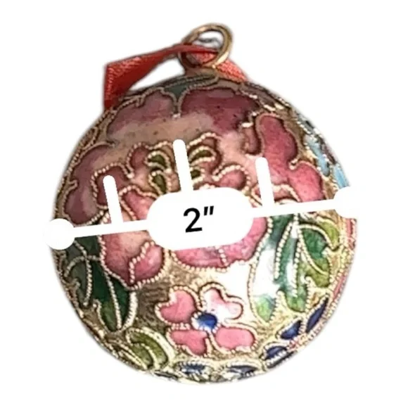 Cloisonné Vintage Christmas Ornament Floral Ball Bauble Gold Pink Green Blue - Picture 7 of 7